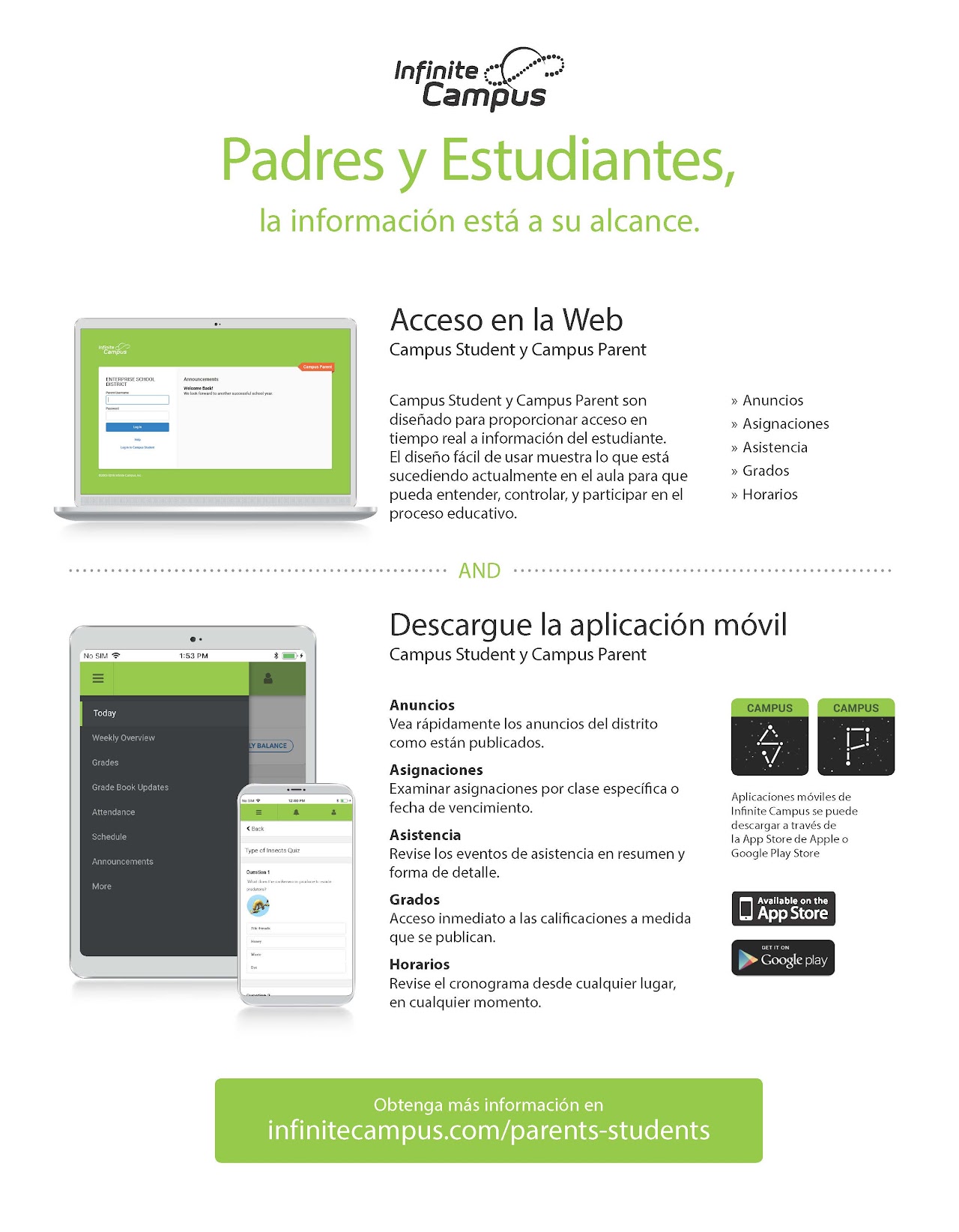 Infinite Campus: Padres y Estudiantes, la informacion esta a su alcance. information flyer