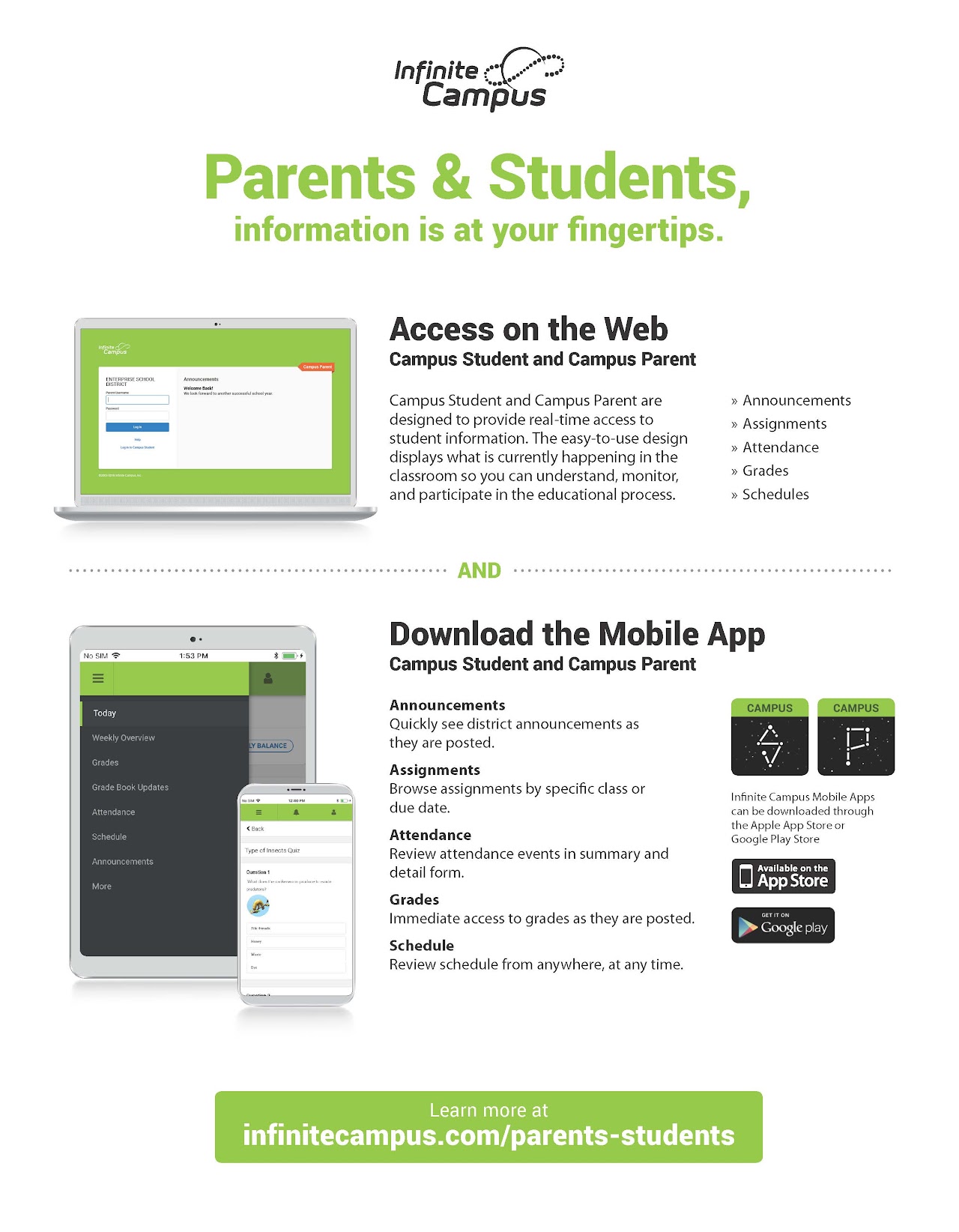 Infinite Campus: Parents & Students, information is at your fingertips. information flyer